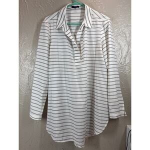Kaari White Black Striped V-Neck Collared Long Sleeve Tunic Blouse Size Large
